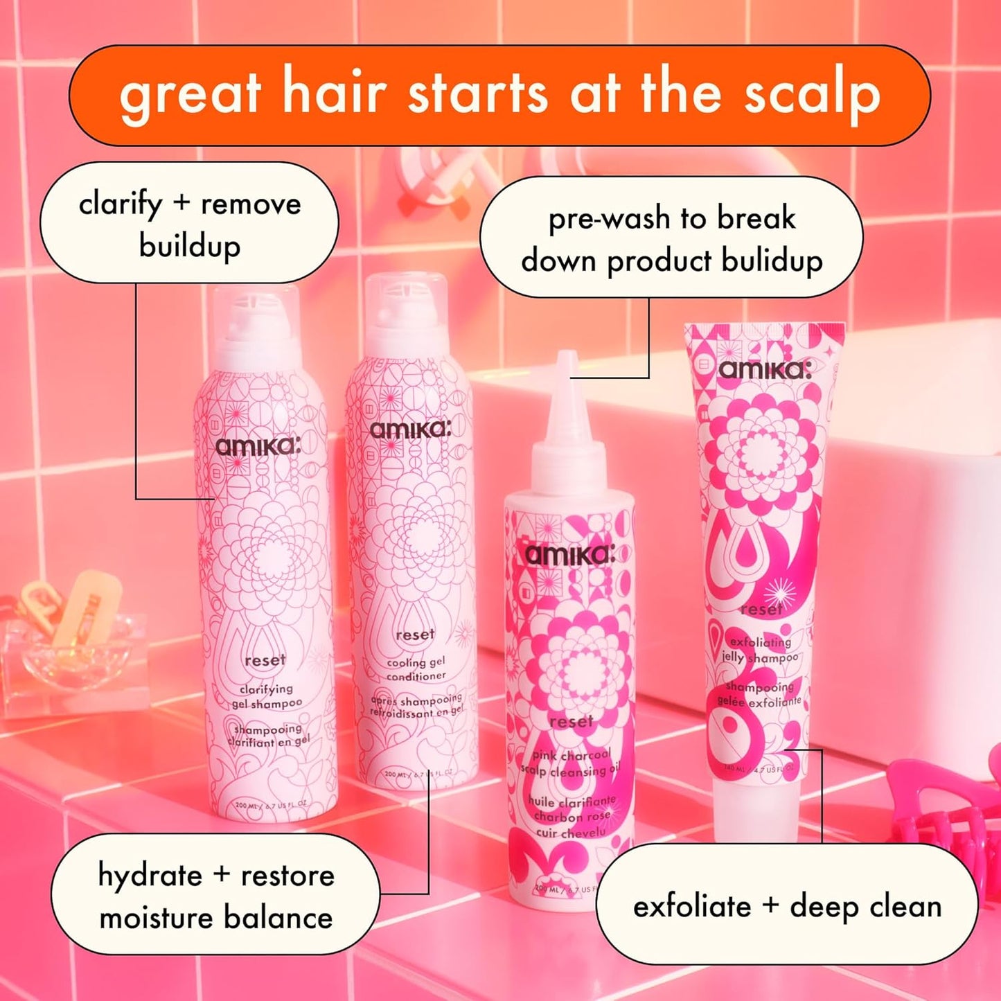 Amika Reset Pink Charcoal Scalp Cleansing Oil - Unisex 6.7 oz | Deep Clean & Refresh Hair