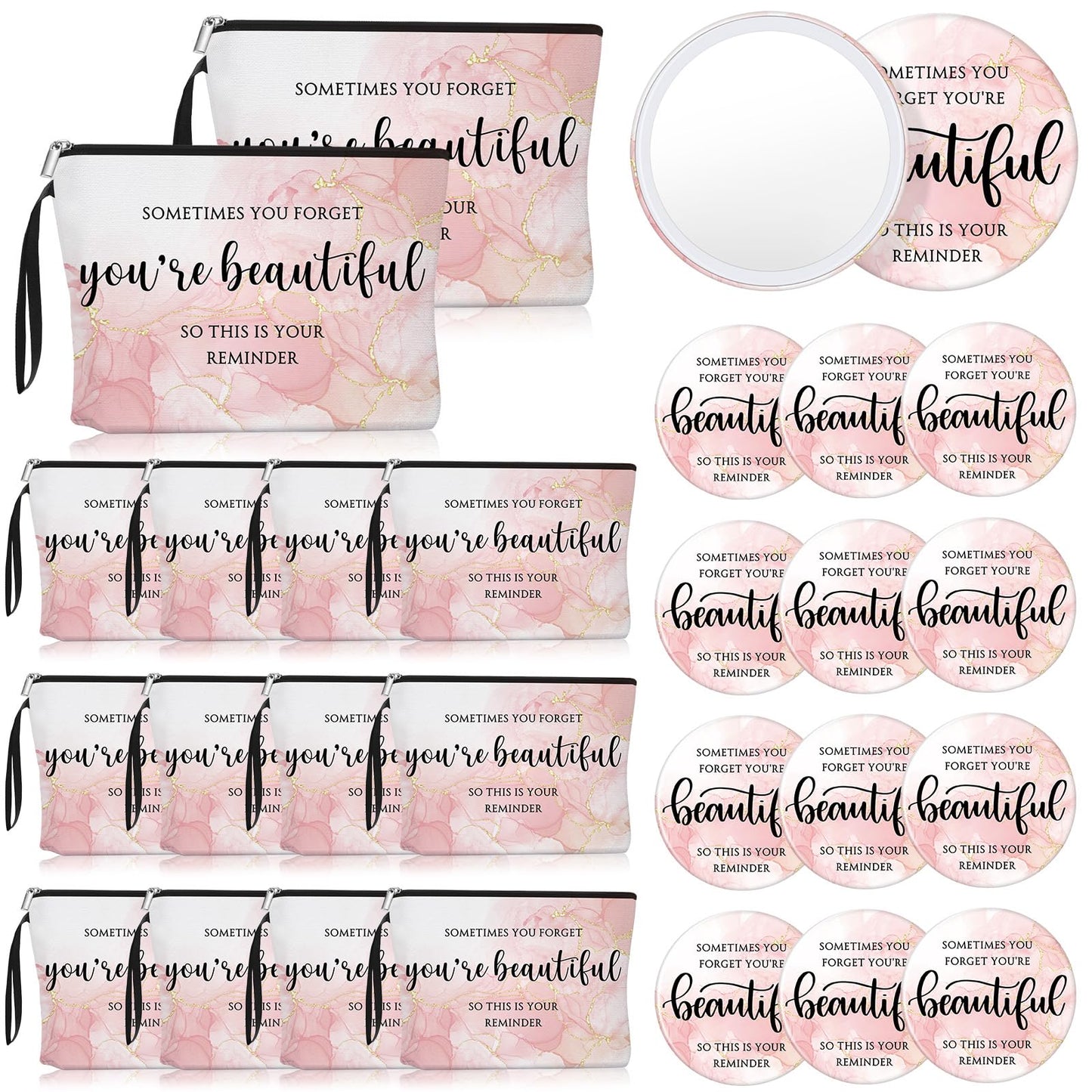 Beeveer 20 Sets Pink Inspirational Gift for Women, Appreciation Gift Bulk for End of Year Teacher, Sometimes You Forget You're Beautiful Makeup Bag and Compact Mirror for Mother Client Nurse Employee