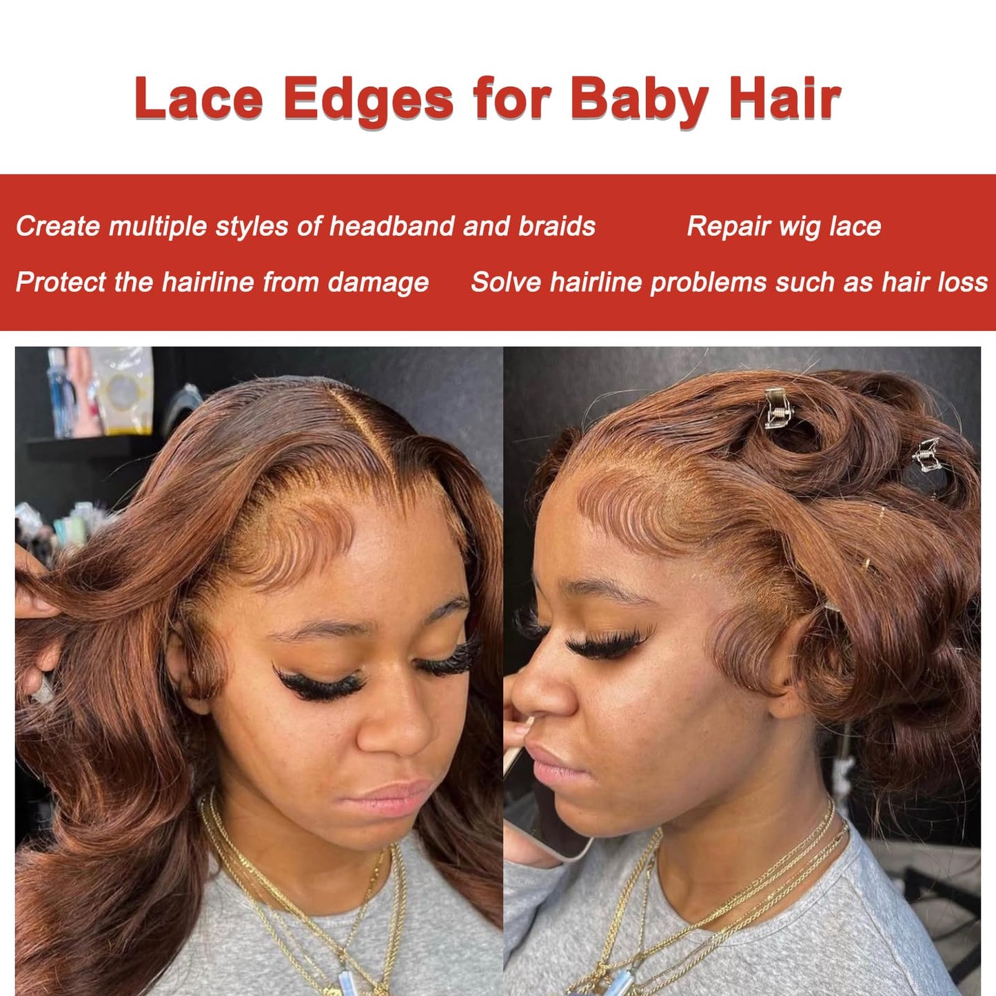 XRDDFL Fake Edges Real Human Hair Pieces HD Lace Front Wig - Chocolate Brown, 4 Pcs, Reusable Invisible Lace Hairline, 4# Colored Baby Hair Stripes