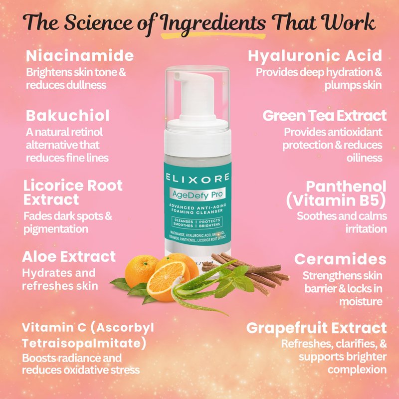 ELIXORE AgeDefy Pro Niacinamide Face Cleanser for Women | Daily Anti-Wrinkle & Calming Facial Wash with Aloe Vera & Green Tea | Removes Makeup & Oil, Deep Cleansing & Hydrating Face Wash (100ml)