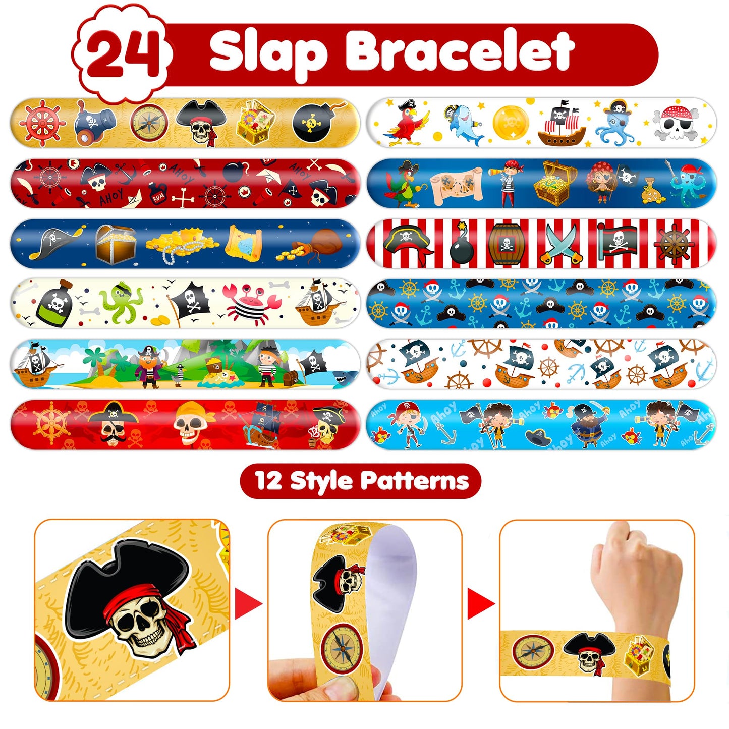 Pirate Party Favors for Kids, 72Pcs Tattoos and Slap Bracelets for Rewards