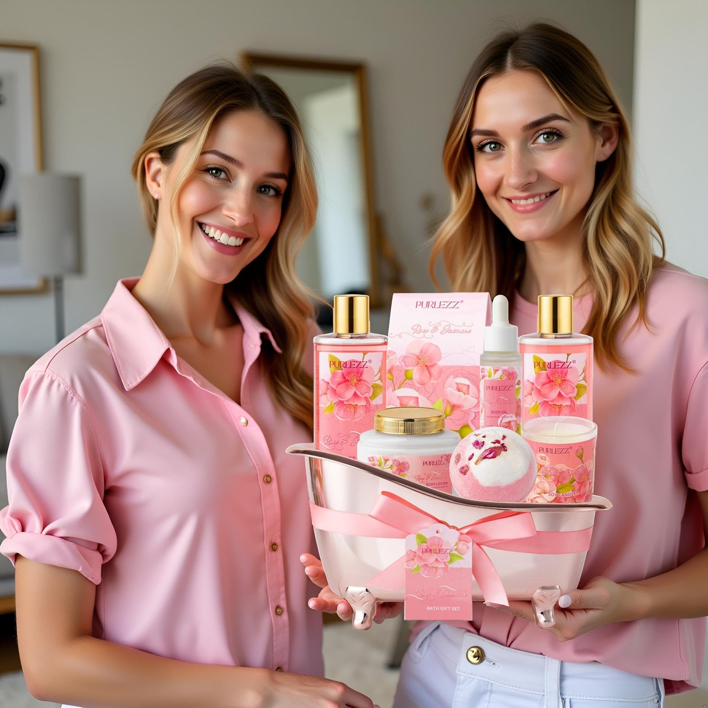 Rose & Jasmine Floral Luxury Bath & Body Gifts - Spa Basket with Body Lotion, Soy Candle - Home Bath Gift Set for Women