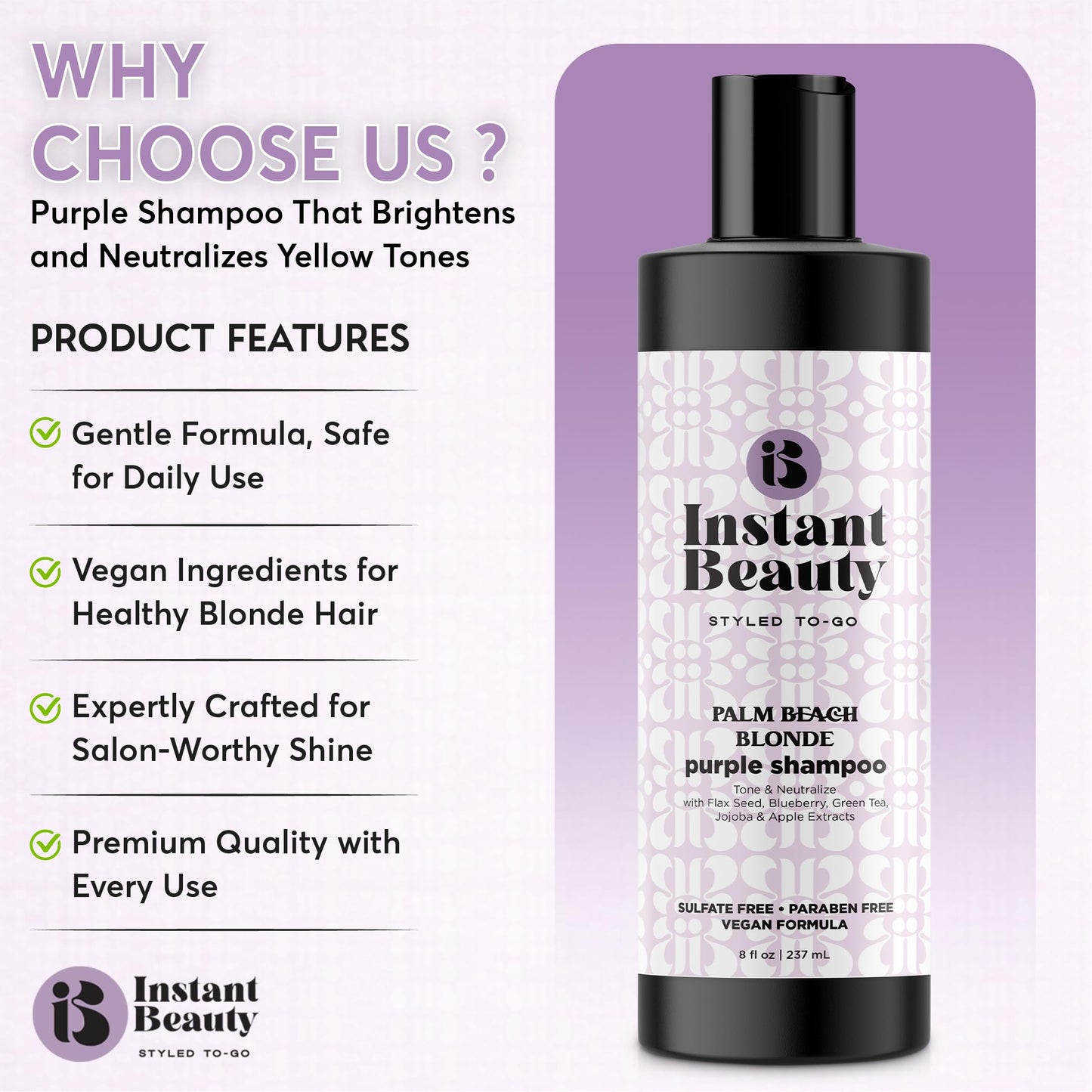 Instant Beauty, Palm Bleach Blonde Purple Shampoo, Sulfate-Free, Color Depositing for Blonde and Gray Hair