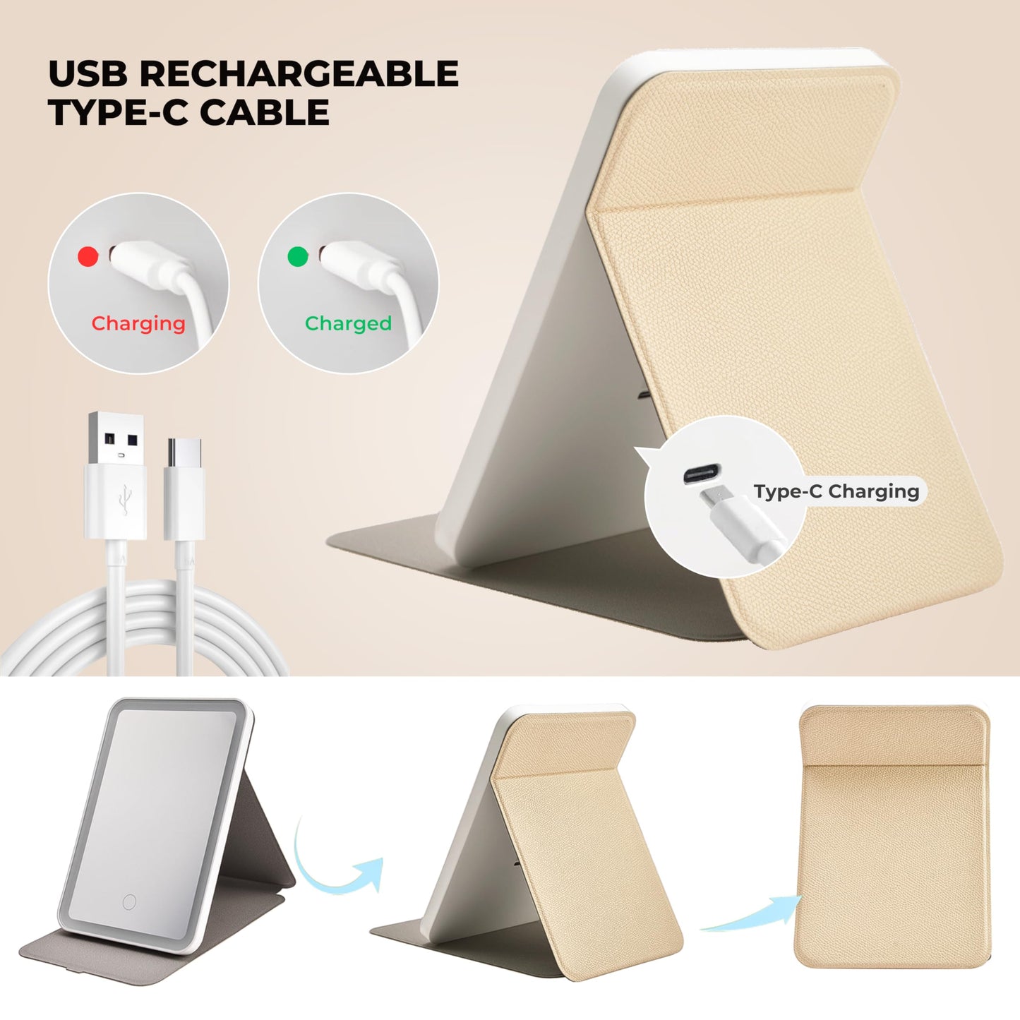 ZEVGANI Travel Lighted Makeup Mirror, 3-Color Dimmable LED Lighting, USB Rechargeable Light up Portable Tabletop Folding Vanity Cosmetic Mirror, Leather Cover Beige