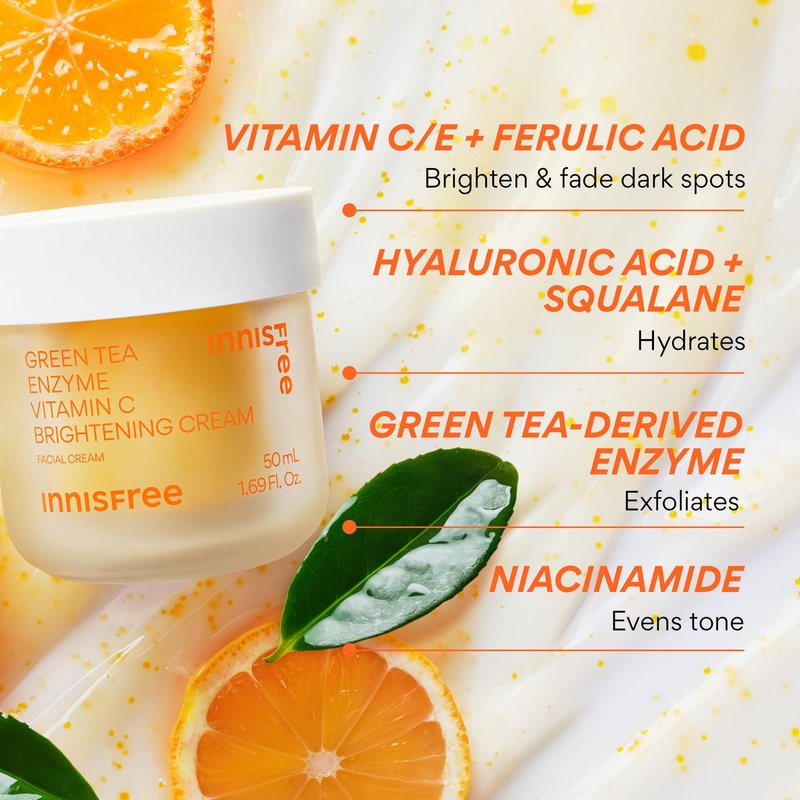 innisfree Green Tea Enzyme Vitamin C Brightening Cream Refill Pod, Korean Face Moisturizer for Dark Spots, Hydration & Radiant Skin