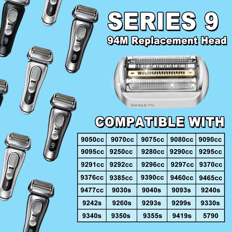 Series 9 94M Electric Shaver Head Replacement Part 94M Silver, Compatible with Braun Series 9 Pro and Series 9 Electric Razors 9290cc, 9291cc, 9370cc, 9293s, 9385cc, 9390cc, 9330s