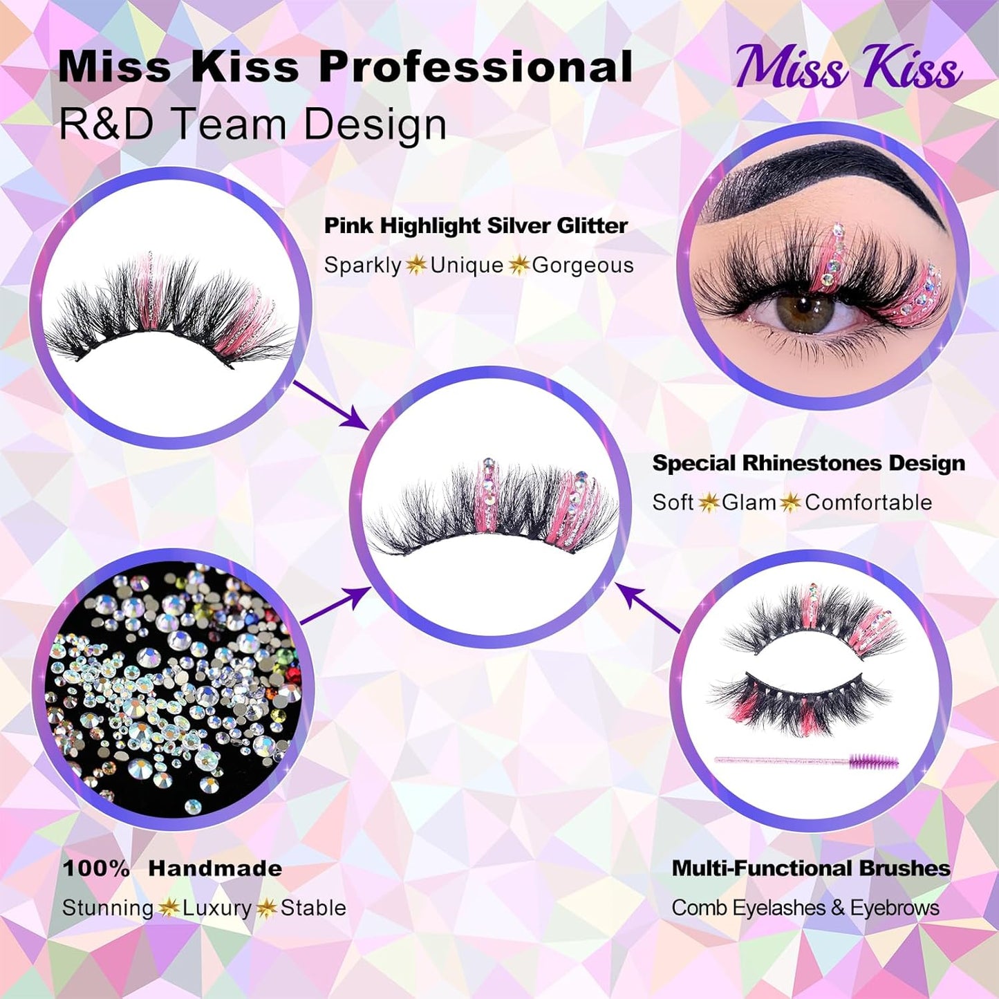 Miss Kiss Lashes - Pink Rhinestone False Eyelashes | Reusable Fairy Faux Mink 18mm