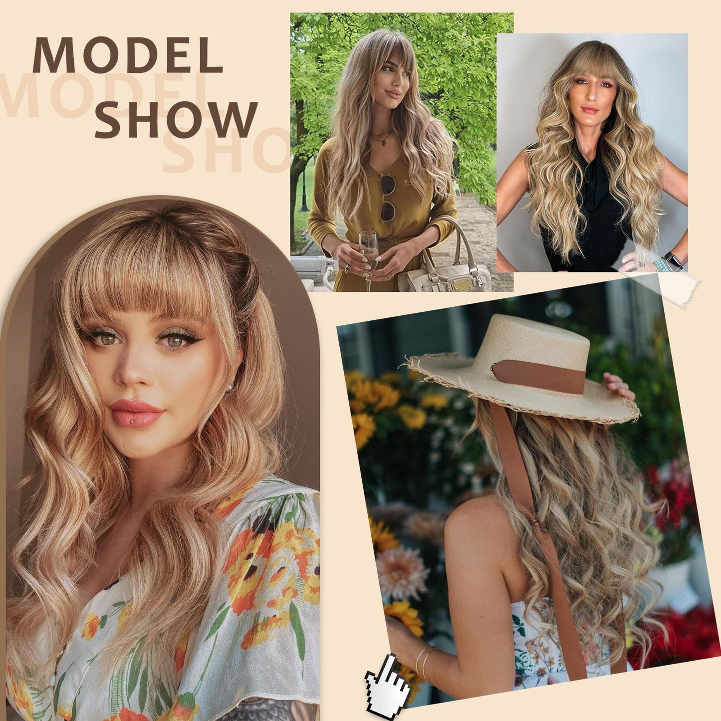 QYDEERY Black Wig with Bangs for Women Long Wavy Wigs Curly Synthetic Wig Natural Looking Hair Heat Resistant Wigs for Daily Party Use