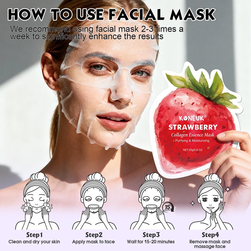 KONEUK 72 Pack Fruit Shaped Sheet Face Mask, Mothers Day Gifts for Mom, Collagen Hydrating Face Masks Skincare for All Skin Types, Bulk Teacher Gifts and Spa Party Gifts(9 Types x 8 Pcs)