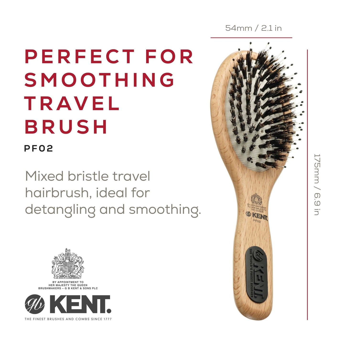 Kent PF02 Small Cushion Detangler Brush – Boar Bristle & Nylon Mix for Smoothing and Straightening Oval Wood Paddle for Medium to Long Hair