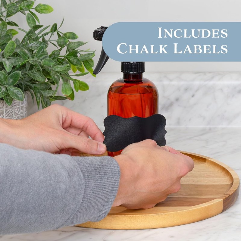 Amber Plastic Spray Bottles - 16oz Heavy Duty Mist & Stream Sprayers | 6-Pack with Chalkboard Labels, BPA-Free