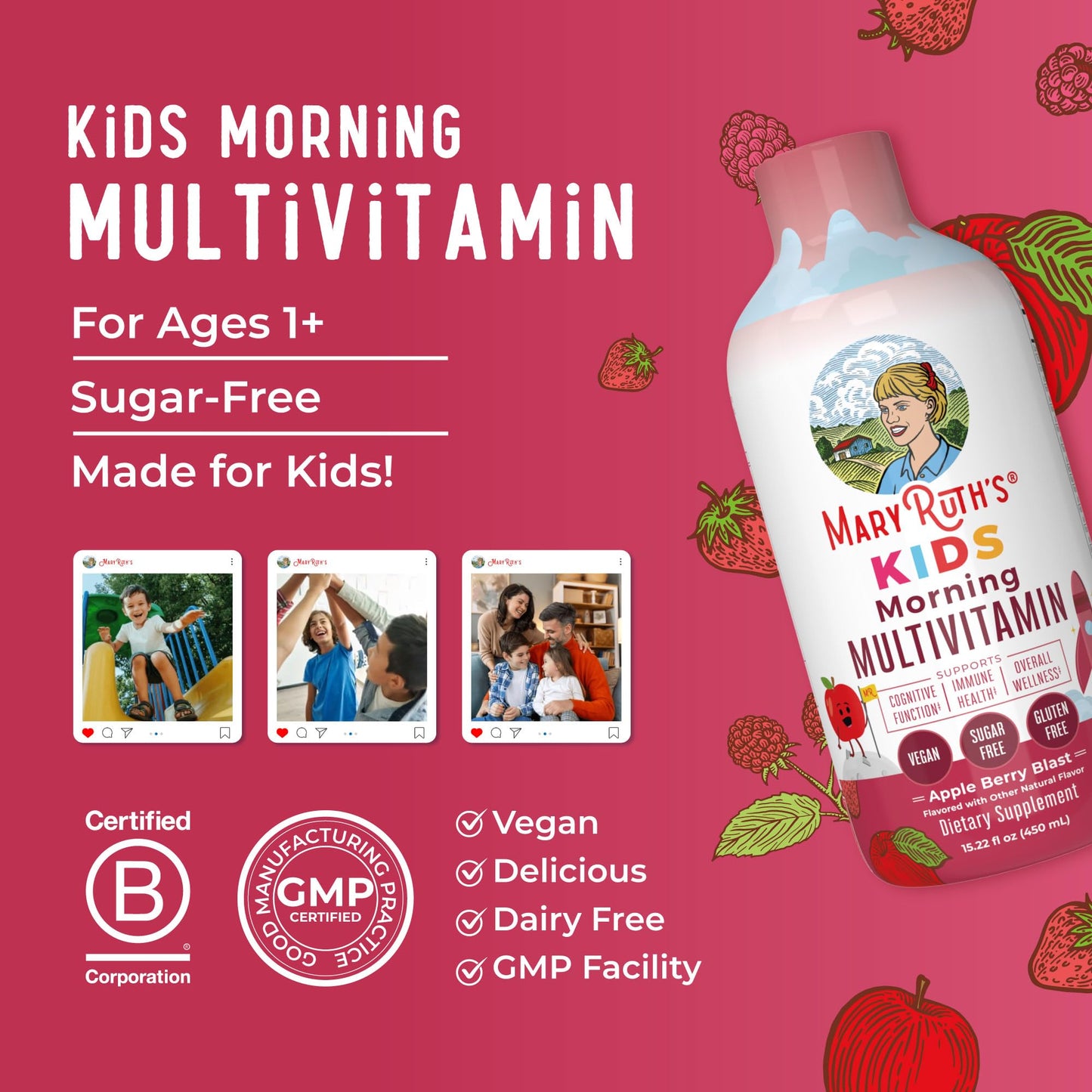 MARYRUTH'S Liquid Morning Multivitamin for Kids | Kids Multivitamin | Immune Support Supplement | Vitamin C | Vitamin D | Essential Nutrients | Vegan | 30-180 Servings | 15.22 fl oz
