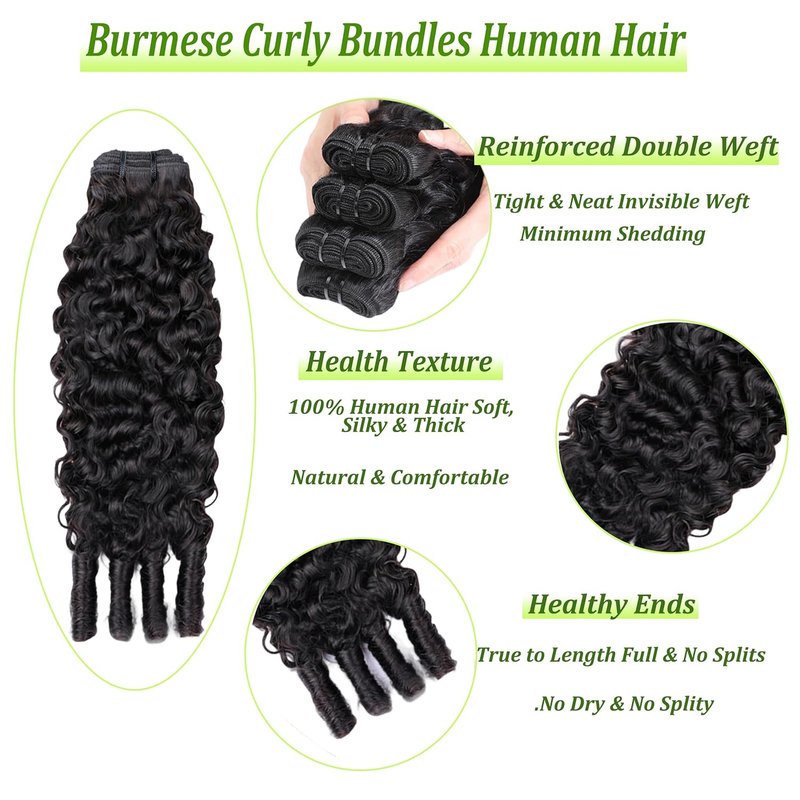 Burmese Curly Bundles - 16 Inch Water Wave Human Hair | 100% Unprocessed Brazilian Virgin Hair for Women, Natural Black