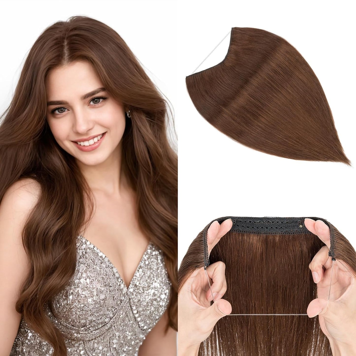 Halo Hair Extensions - Real Human Hair 16" Medium Brown - Adjustable Invisible Wire for Women