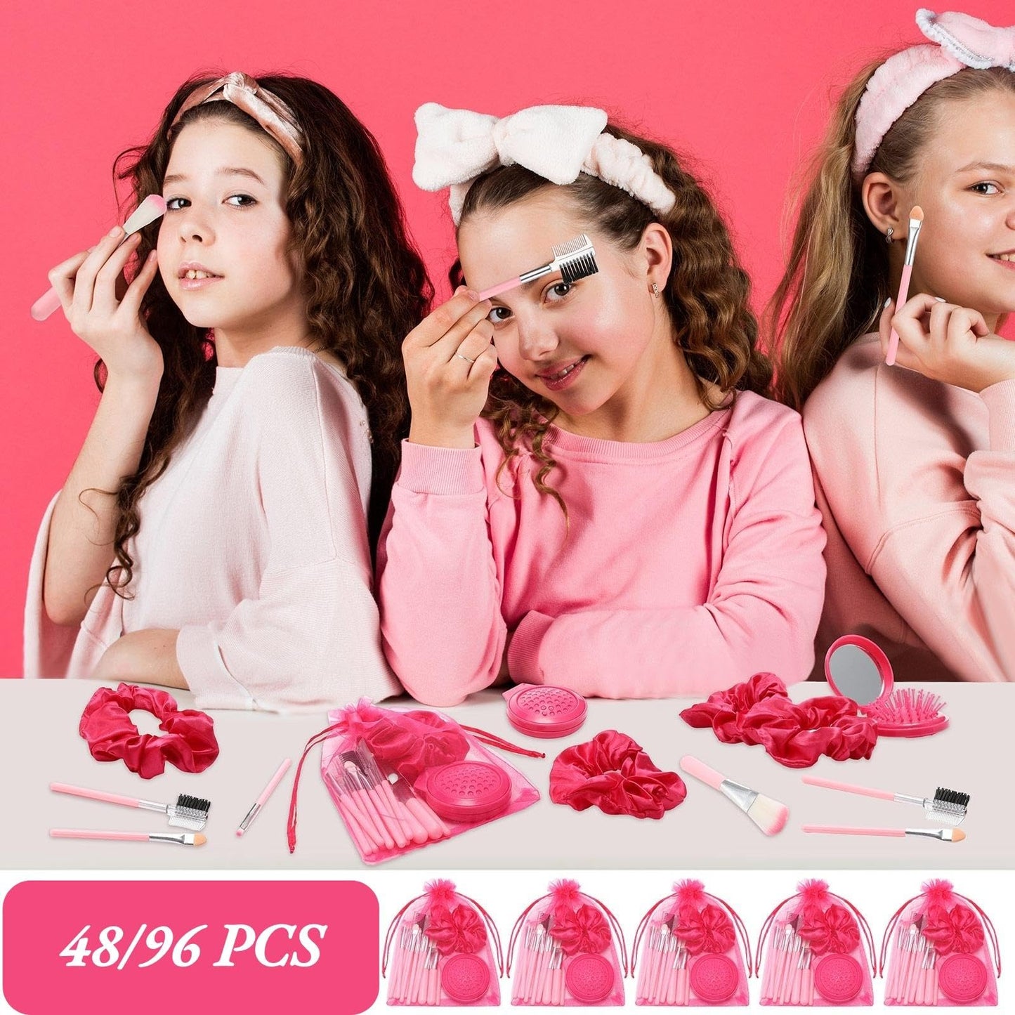 SiliFine Pink Girl Party Favors Girl Makeup Party Favor Party Supplies Set Includes Pink Gauze Bags, Hair Scrunchies, Foldable Mirror Hair Brushes, Makeup Brushes Toys(48 Pcs)
