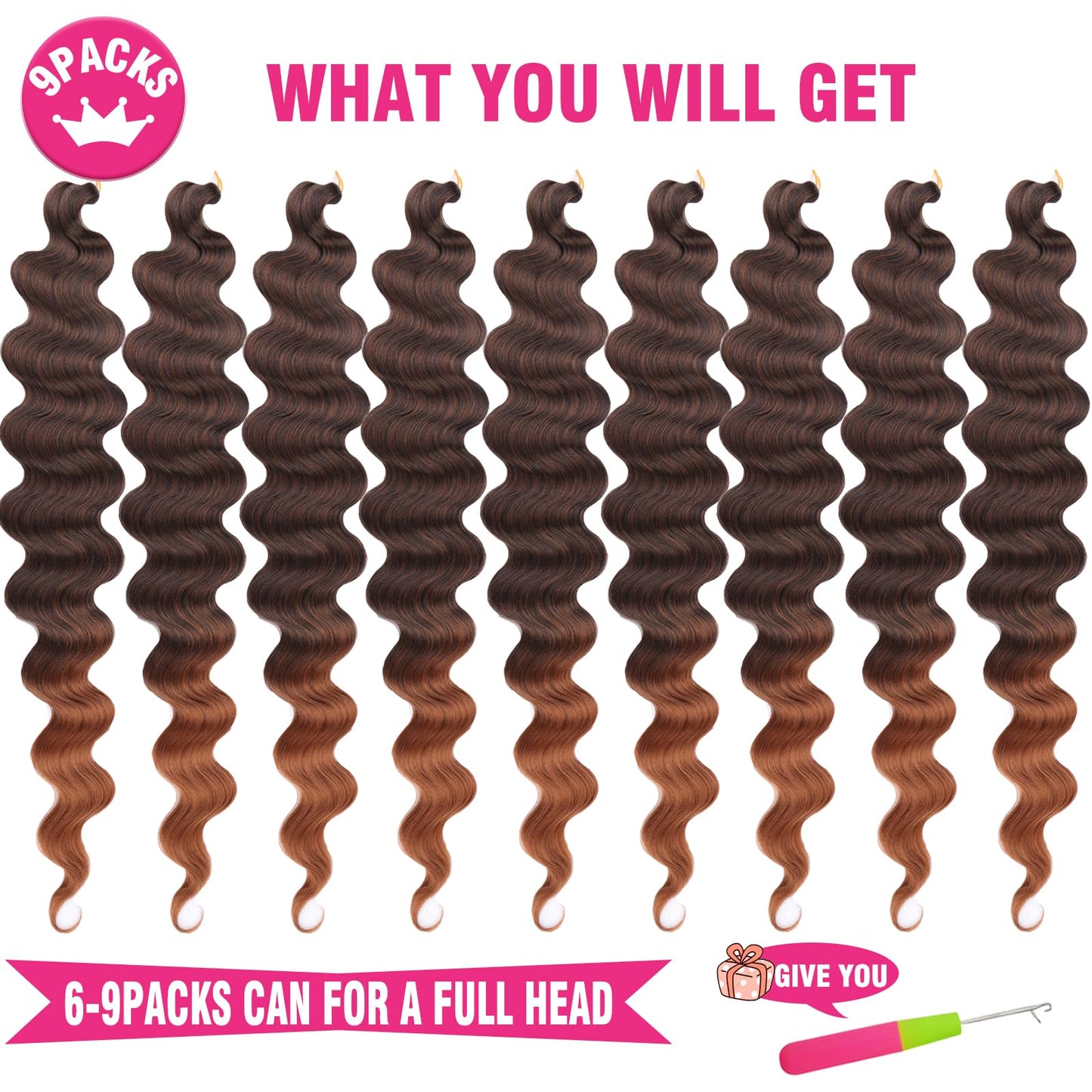 Unionbeauty 30 Inch 9 Packs Body Wave Braiding Hair Pre-Feathered Braiding Hair Ombre Ocean Deap Twist Synthetic Crochet Hair for French Curl Crochet Braids Easy Braids Hair Extension for Women (T30#)