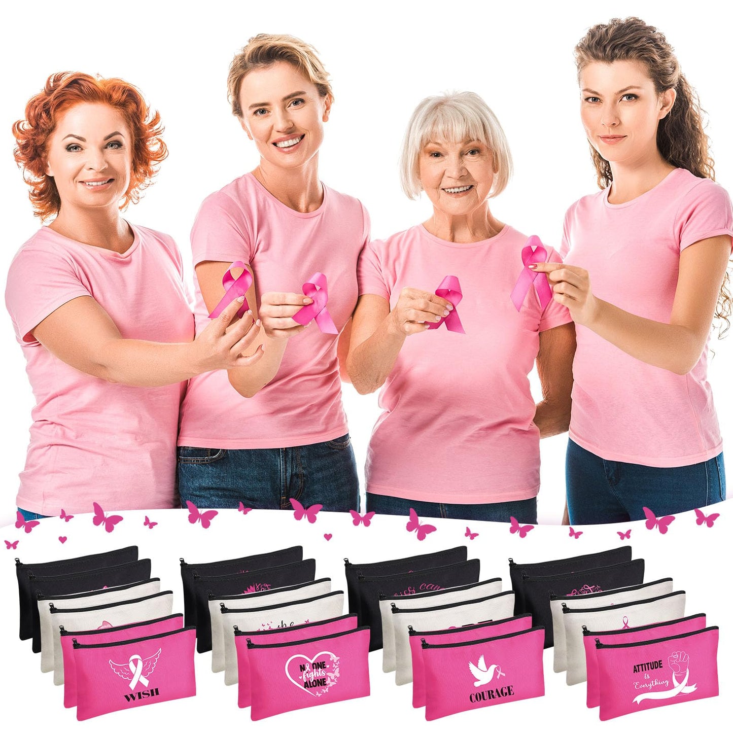 Xuniea Breast Cancer Awareness Bag Pink Ribbon Travel Makeup Pouch Breast Cancer Cosmetic Pouch Portable Canvas Breast Cancer Gift Bag for Vacation Travel Women Breast Cancer Awareness Party (24 Pcs)