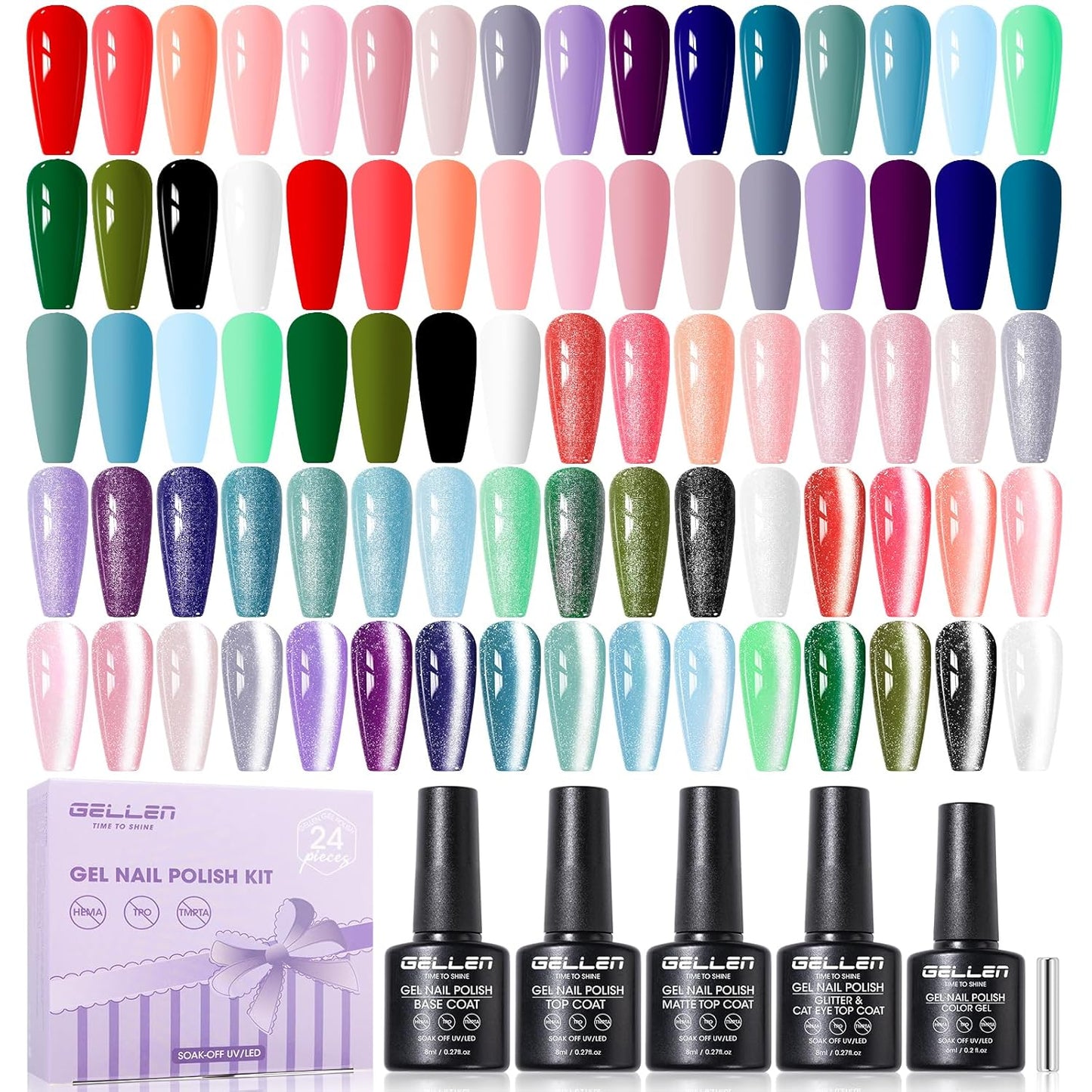 GELLEN 24pcs Gel Nail Polish Set - 20 Colors UV Gel Polish with Base & Top Coat | Hema Free, Perfect for All Seasons