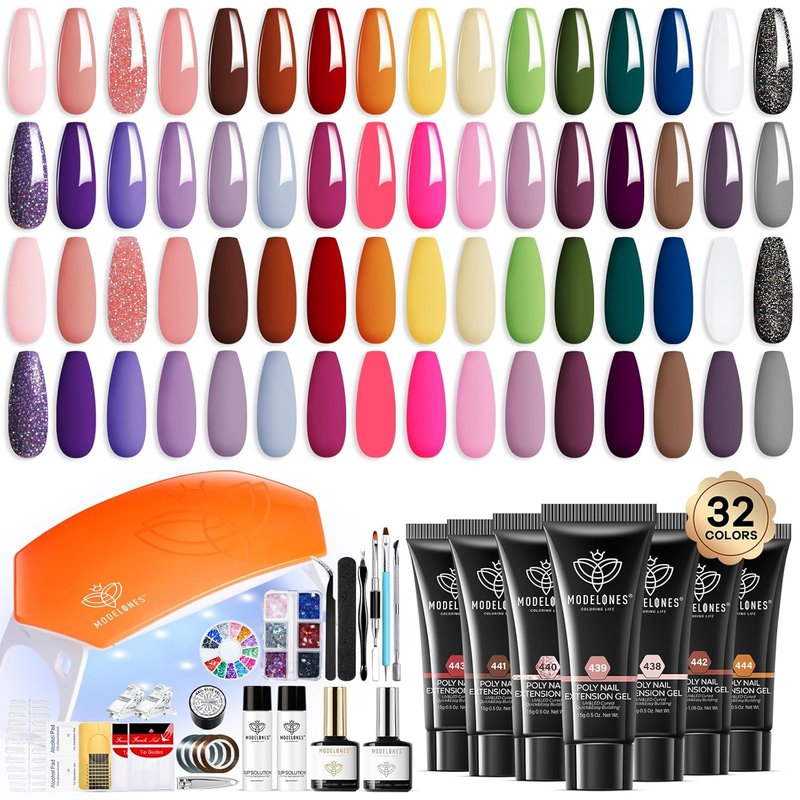 Modelones Poly Extension Gel Nail Kit - 133 Pcs with 32 Colors, Nail Forms & Lamp for DIY Manicure