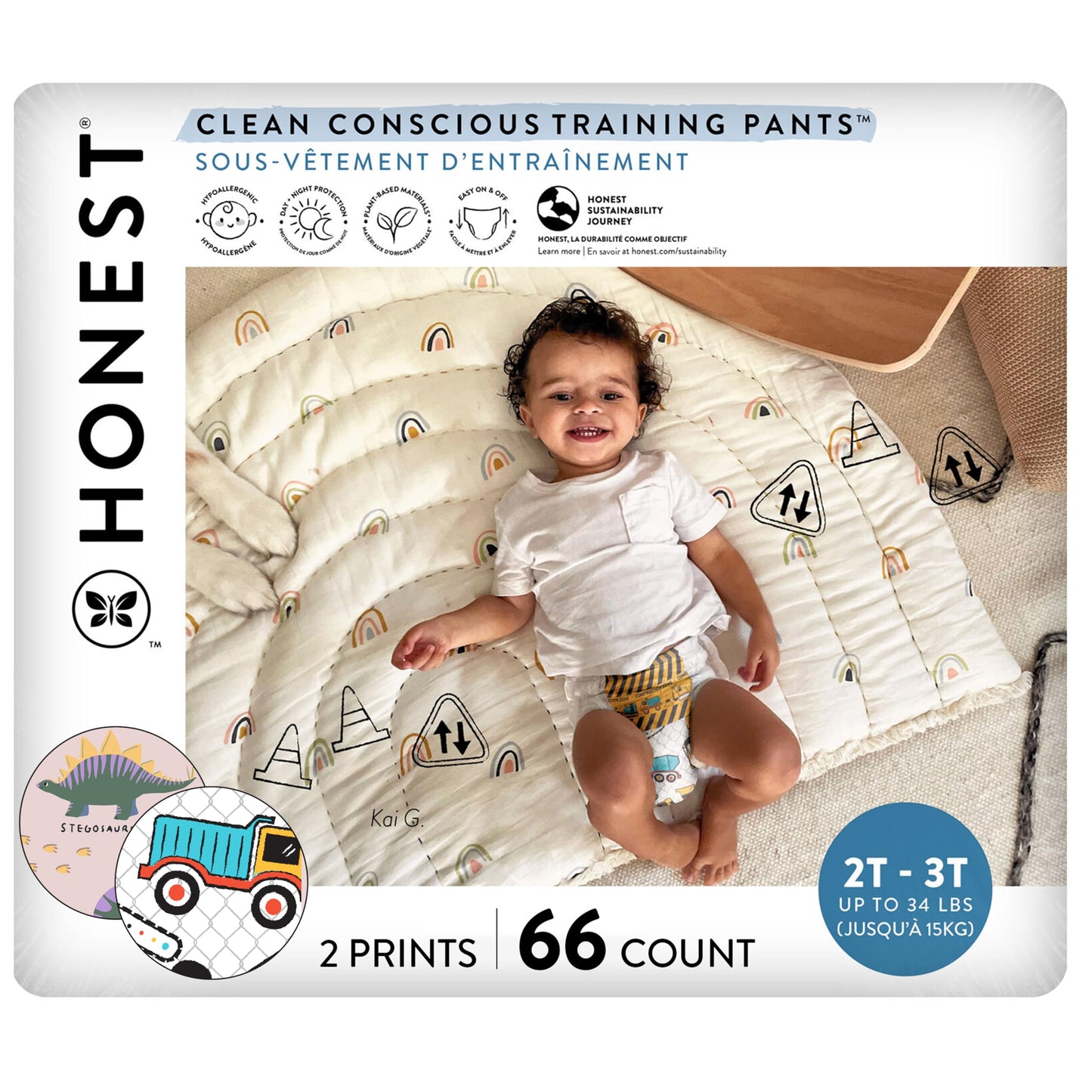 The Honest Company Clean Conscious Training Pants for Sensitive Skin, Hypoallergenic, Fragrance-Free, Rompin' & Stompin' Diggin' It Size 2T/3T (up to 34 lbs), 66 Count