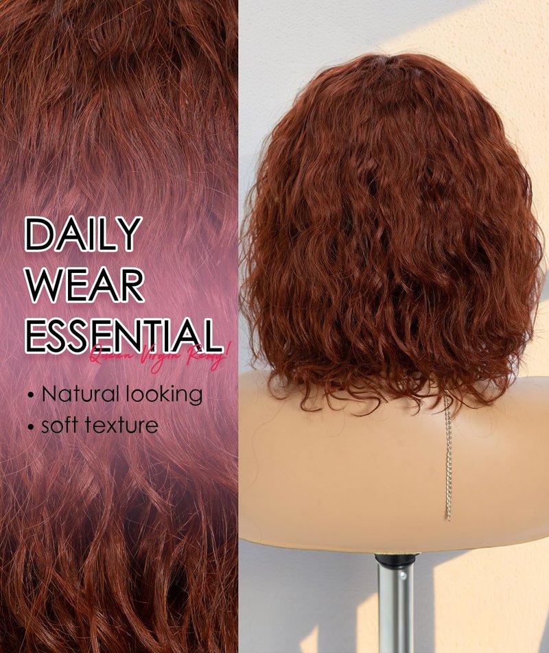 Queen Virgin Remy Short Curly Wig - Human Hair Bob with Bangs for Black Women | Ginger Orange