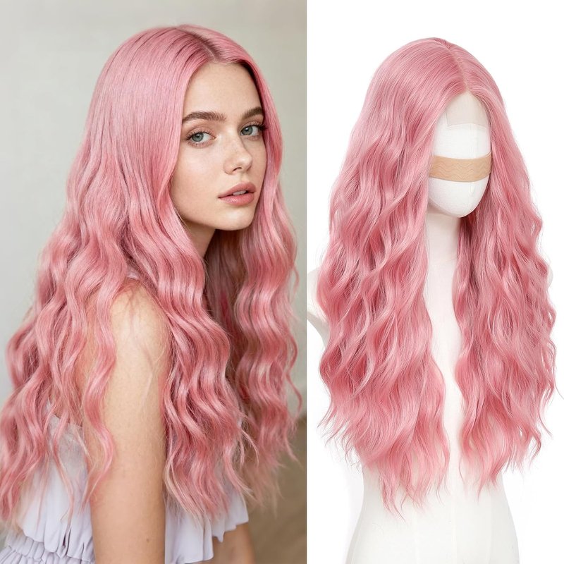 Pink Wavy Wig for Women - 26 Inch Synthetic Lace Front Hairpiece | Heat Resistant for Daily Wear & Cosplay