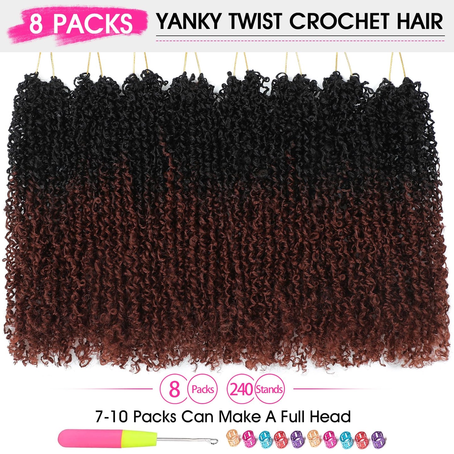 NAYOO 12 Inch Yanky Twist Crochet Hair - 8 Packs (30 Stands/Pack) Mini Passion Twist with Curly Ends Synthetic Pre-Looped Crochet Braids Braiding Hair(12 Inch, T350)