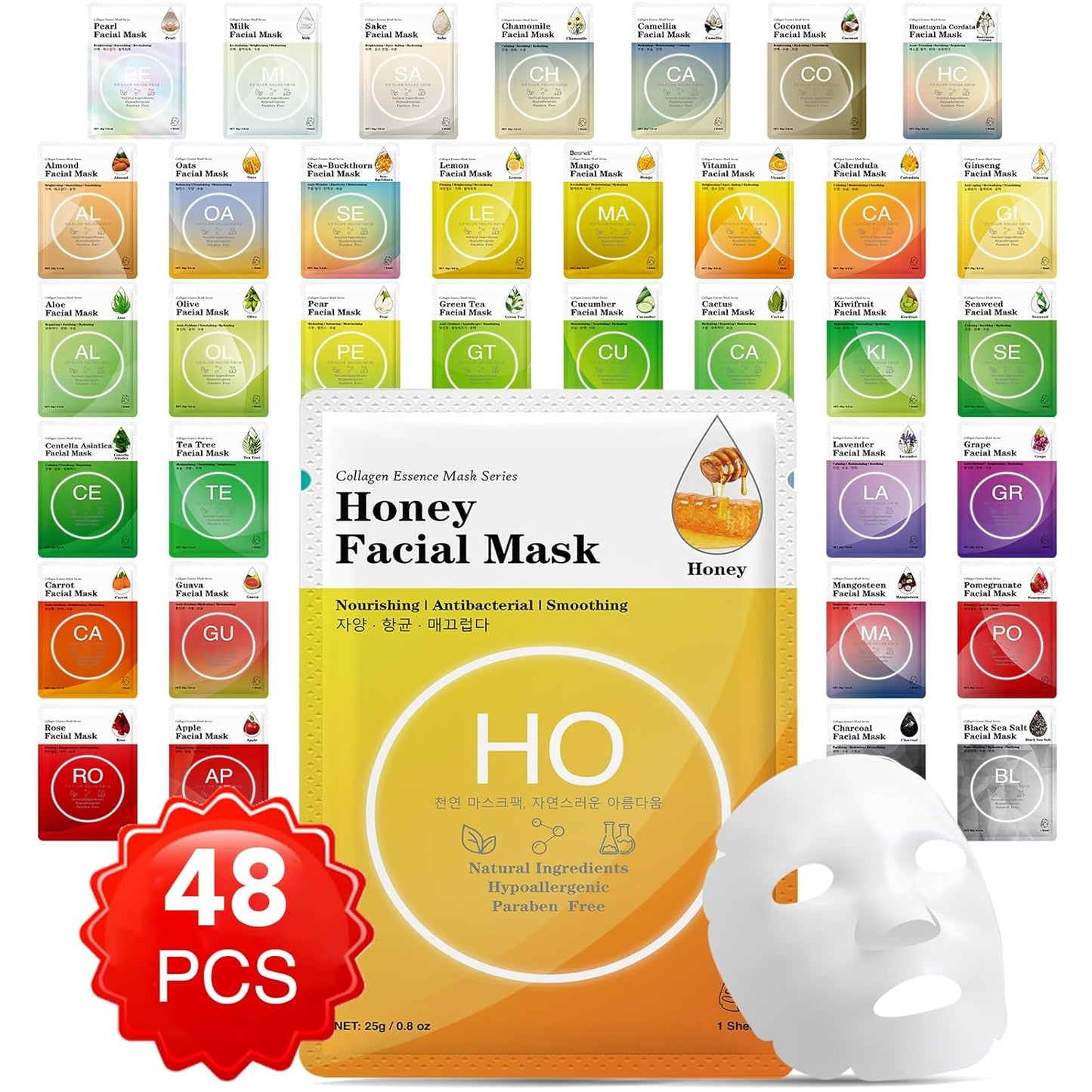 Collagen Essence Sheet Facial Masks - Moisturizing Plant Extracts | 48 Packs, All Skin Types, Korean Spa Treatment