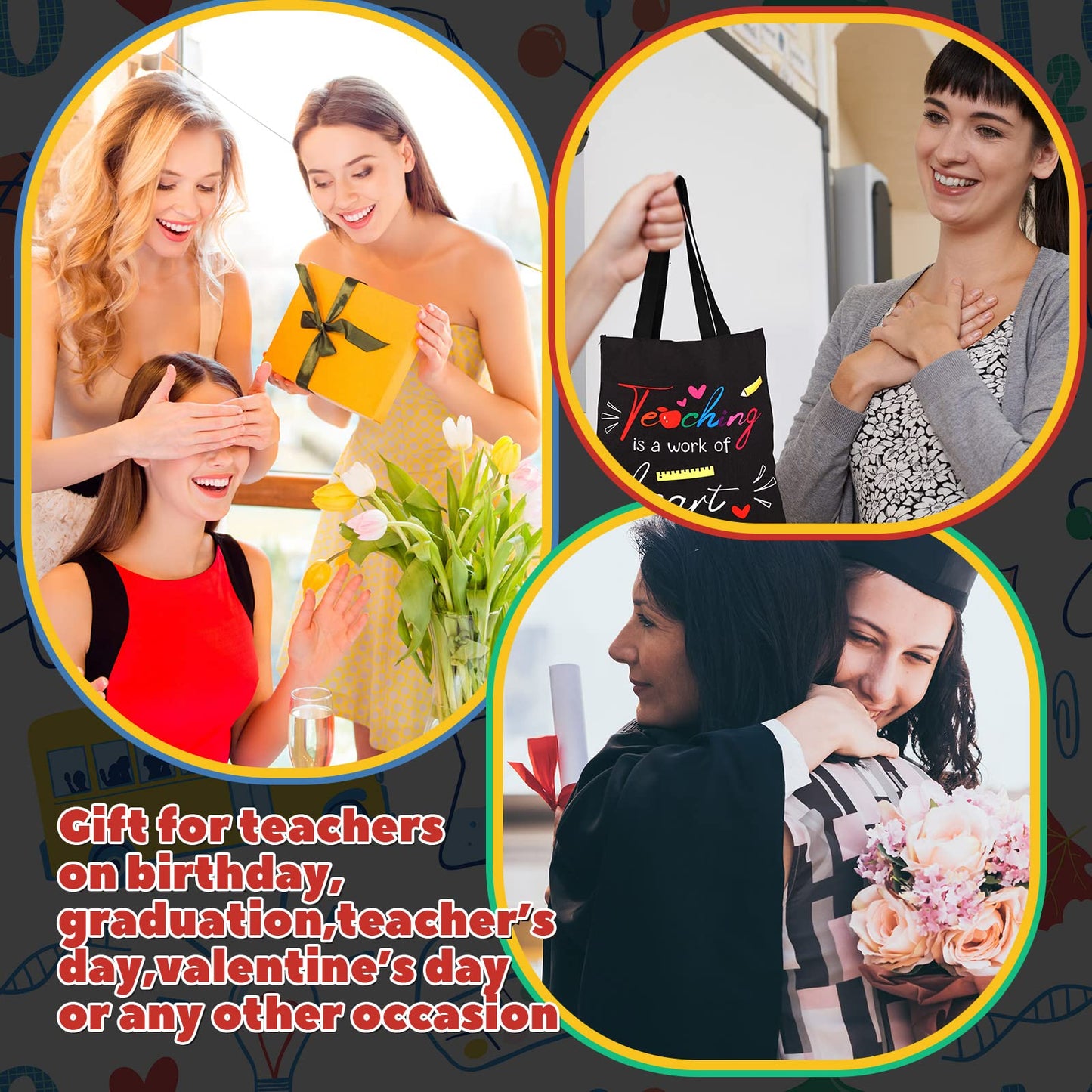 Kacctyen 12 Pcs Teacher Graduation Appreciation Gifts 6 Reusable Grocery Bag 6 Cosmetic Bags Thank You Women Gifts(Teaching is a Work of Heart)
