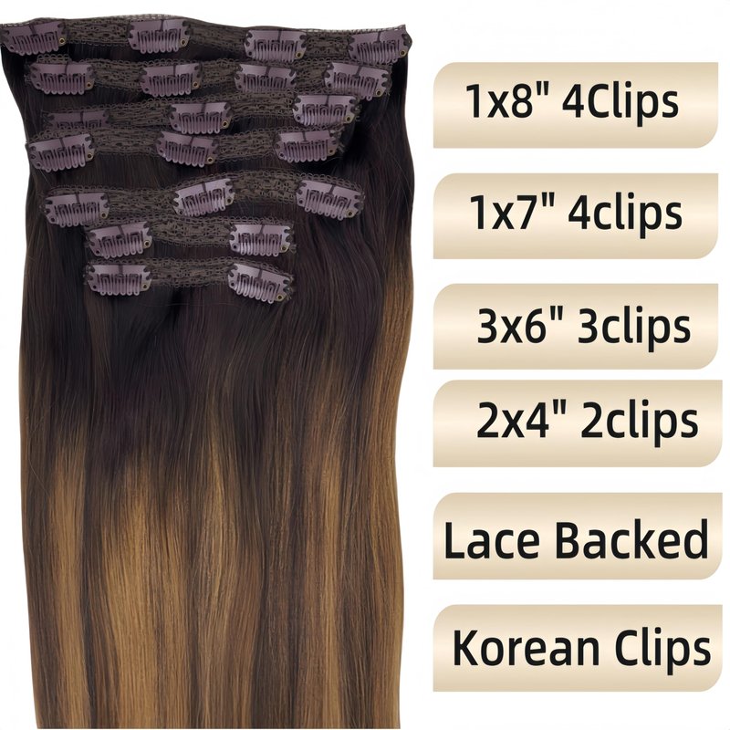 Eufficco Real Human Hair Lace Clip In Hair Extensions Thick ends Ombre Piano Color Dark Brown Roots/Chestnut Blonde 14inch 100g Highlights Balayage Double Wefted Silky Soft Human Hair Extensions
