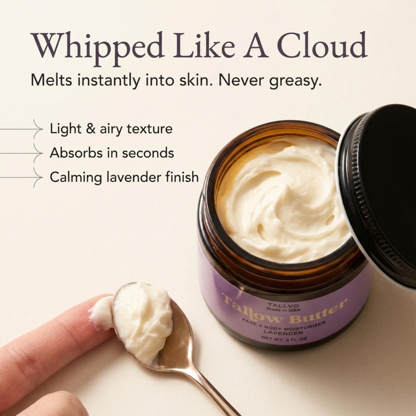 Tallvo Grass-Fed Beef Tallow Moisturizer for Face & Body Whipped Tallow Balm for Dry Skin, Eczema & Sensitive Skin Natural, Non-Toxic, Deep Hydration Skincare (Lavender, 2 oz)
