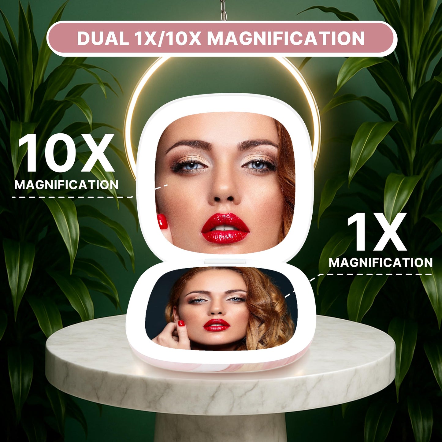 NJ GLAM Lighted Makeup Compact Mirror, 3.9 Inch – 1x/10x Magnification Portable, LED – Auto Light On/Off - USB Charging, (Blush Marble)