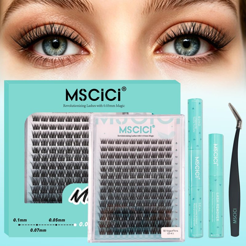 Ultra-Soft Waterproof Lash Clusters Kit - Invisible Clear Lash Band, Latex-Free Black Lash Glue for Sensitive Eyes, DlY Hybrid Fluffy Wispy Cluster Lashes(3D Effect VogueFlora Lash Kit 8-16mm D Curl)