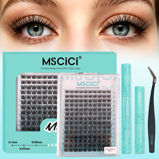 Ultra-Soft Waterproof Lash Clusters Kit - Invisible Clear Lash Band, Latex-Free Black Lash Glue for Sensitive Eyes, DlY Hybrid Fluffy Wispy Cluster Lashes(3D Effect VogueFlora Lash Kit 8-16mm D Curl)