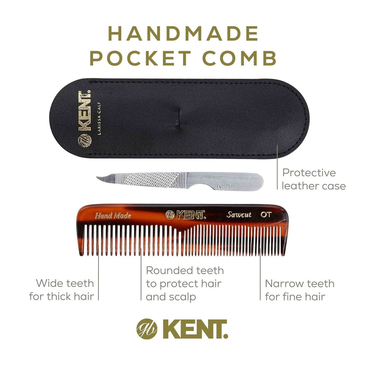 Kent Gift Set NU19 | Fine & Wide Tooth Pocket Comb for Hair, Mustache & Beard | Travel Set with Leather Pouch & Nail File