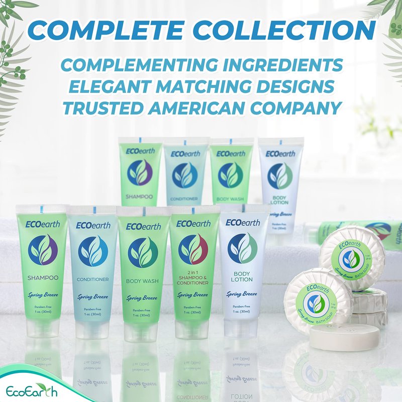 EcoEarth Soap, Shampoo and Conditioner Set (1 oz each, 150 Pieces, Spring Breeze), Hotel Travel Size Body Soaps Kit, Delight Guests with Revitalizing & Refreshing Hospitality Toiletries in Bulk