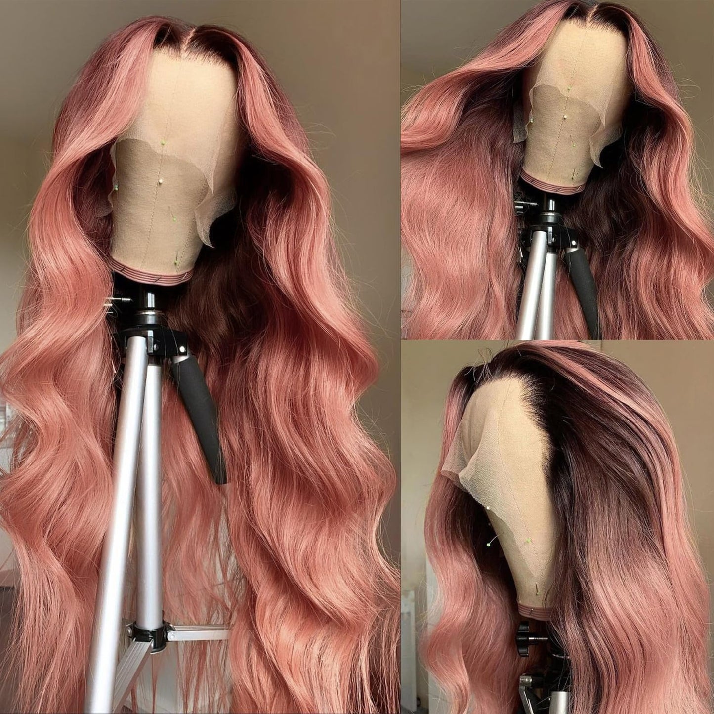 HILYN Long Pink Ombre Body Wave Wig 13x4 Light Pink Glueless Synthetic Lace Front Wig Pre Plucked 200 Density Hd Lace frontal Wig With Natural Hairline Loose Wave Colorful Wigs For Women 26 inches