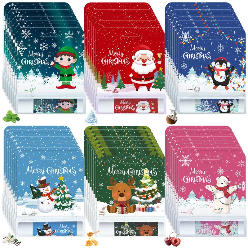 Kuabiz 48 Pcs Christmas Lip Balm Gifts Bulk Cute Stocking Goodie Bags Stuffers 6 Flavors Holiday Small Gifts Xmas Party Supplies Moisturizer Butter Care