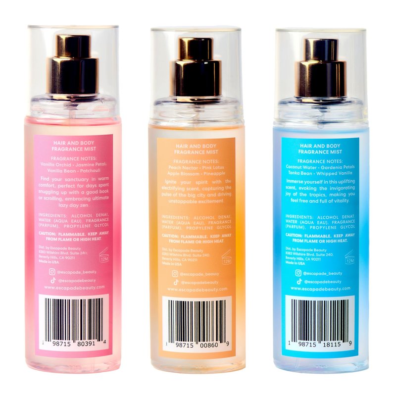 ESCAPADE BEAUTY Trio Gift Set: So Alive, Soak it In, Cozy Up - Hair and Body Fragrance Mist - (3), 4.2oz each