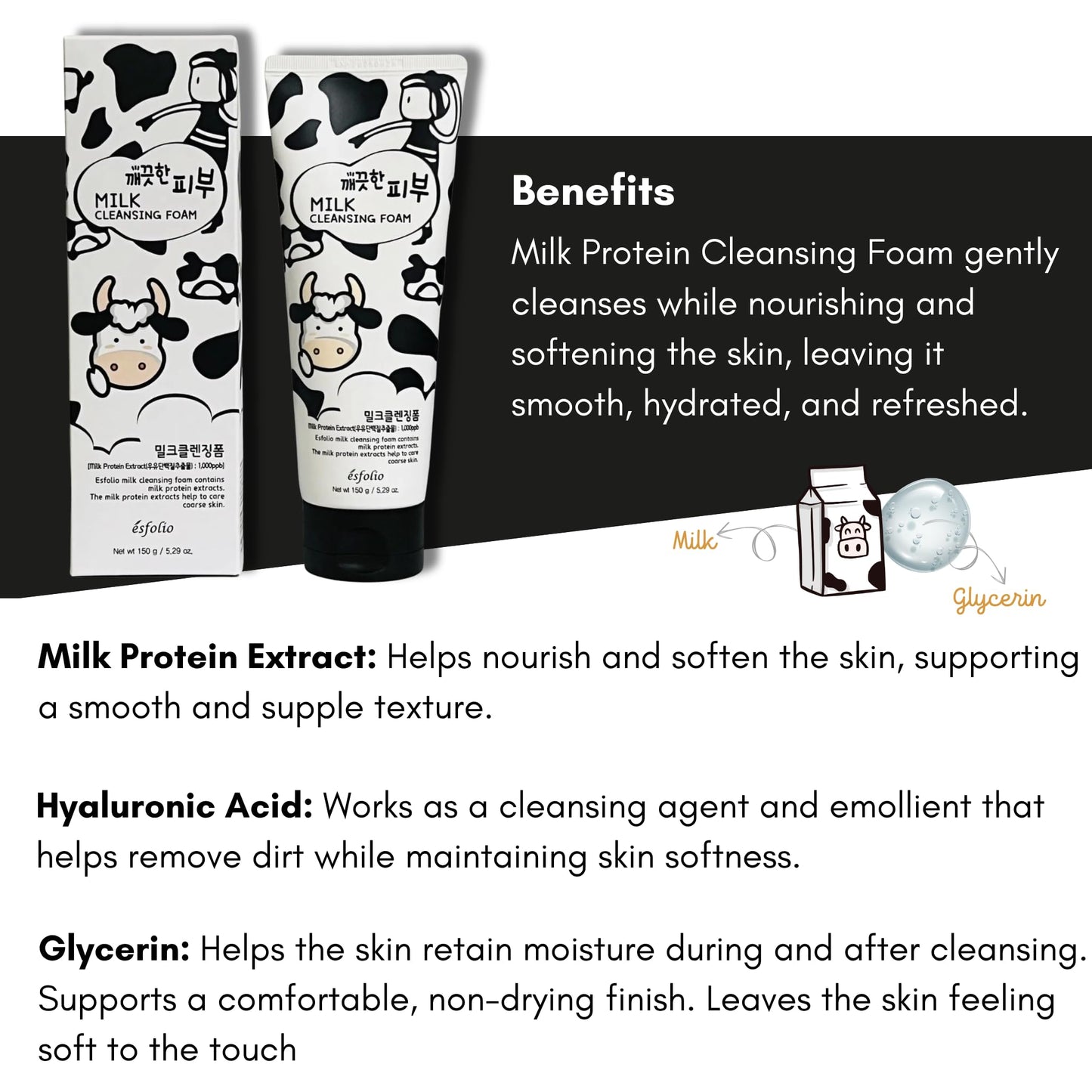 esfolio Milk Cleansing Foam – Hydrating Face Wash for All Skin – Korean Skincare Milk Protein for Gentle Deep Cleansing – Moisturizing Facial Cleanser for Soft & Smooth Skin (5.29oz -150g)