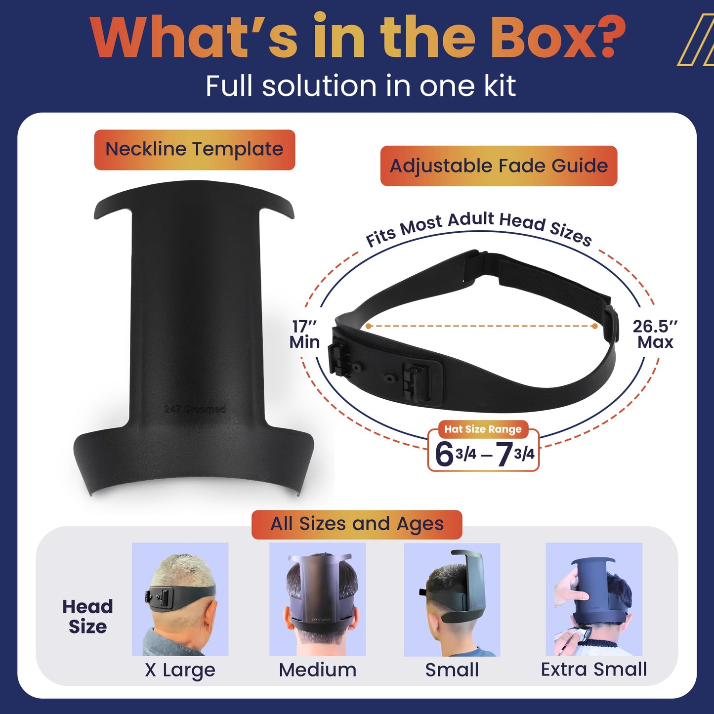 247 Groomed Self Haircut Kit for Men | 2Pcs SelfCut Guide for Men: Neckline Shaving Template & Fade Guide | Adjustable Size Hair Fade Tool & Stable Neck Line Up Tool | Hair Cut for Kids & Seniors
