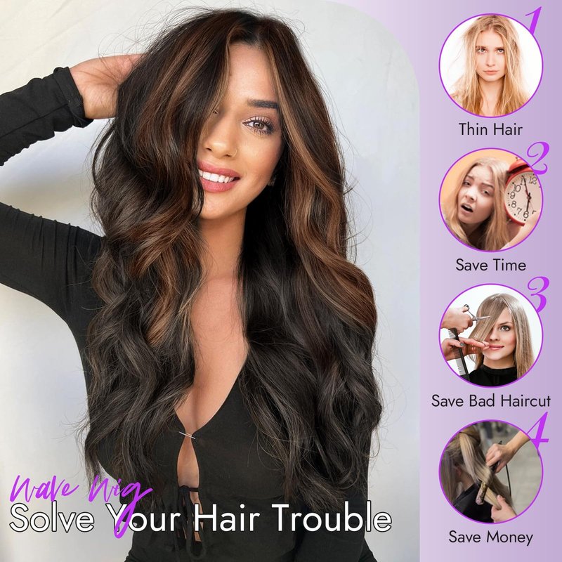 Eawwii Dark Brown Mixed Chestnut Wig for Women Long Wavy 4x1 Lace Natural Hairline Glueless for Beginners Middle Part Synthetic for Daily Party Use 26Inch
