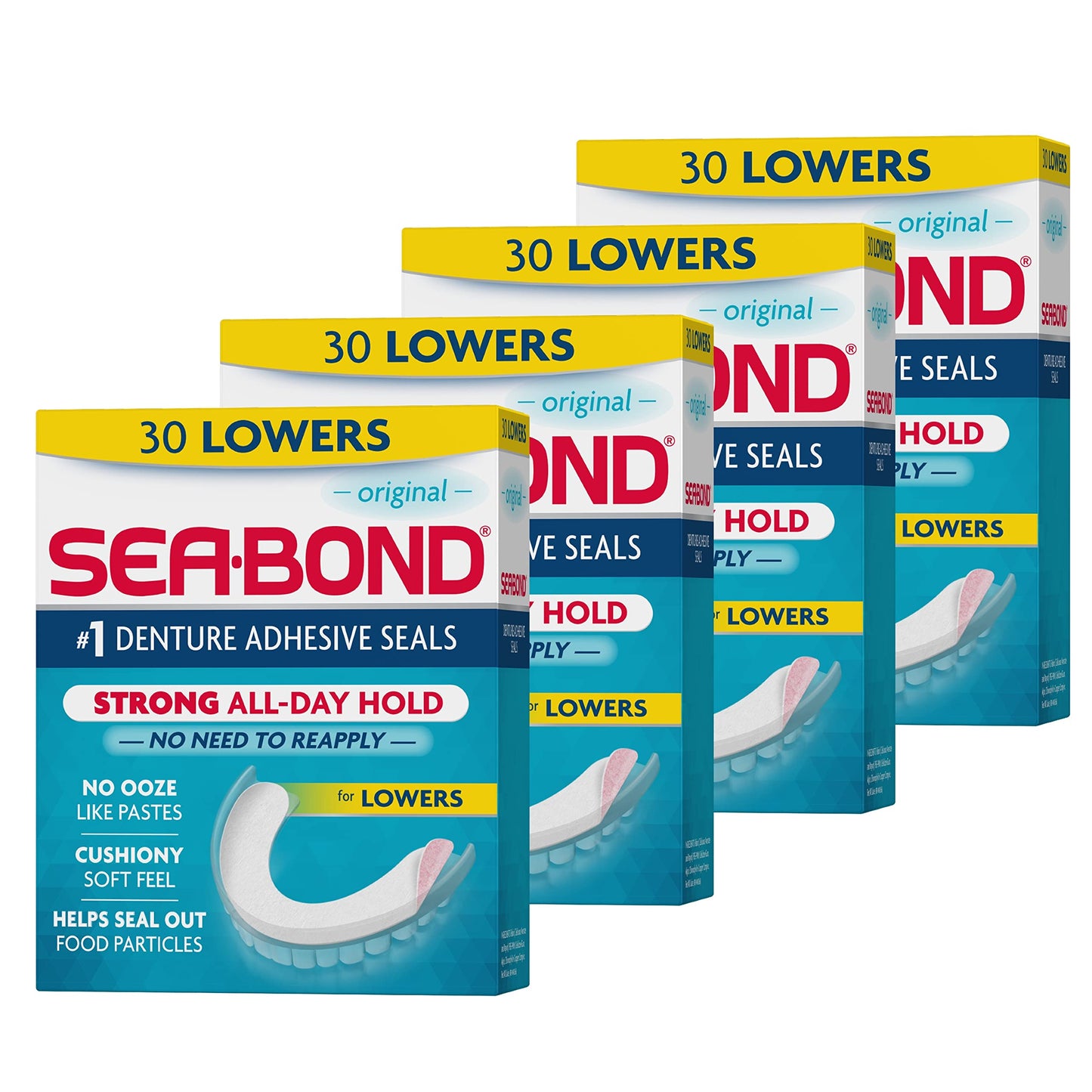 Sea Bond Secure Denture Adhesive Seals, Original Lowers, Zinc-Free, All-Day-Hold, Mess-Free, 30 Count (Pack of 4) & Secure Denture Adhesive Seals, Fresh Mint Uppers