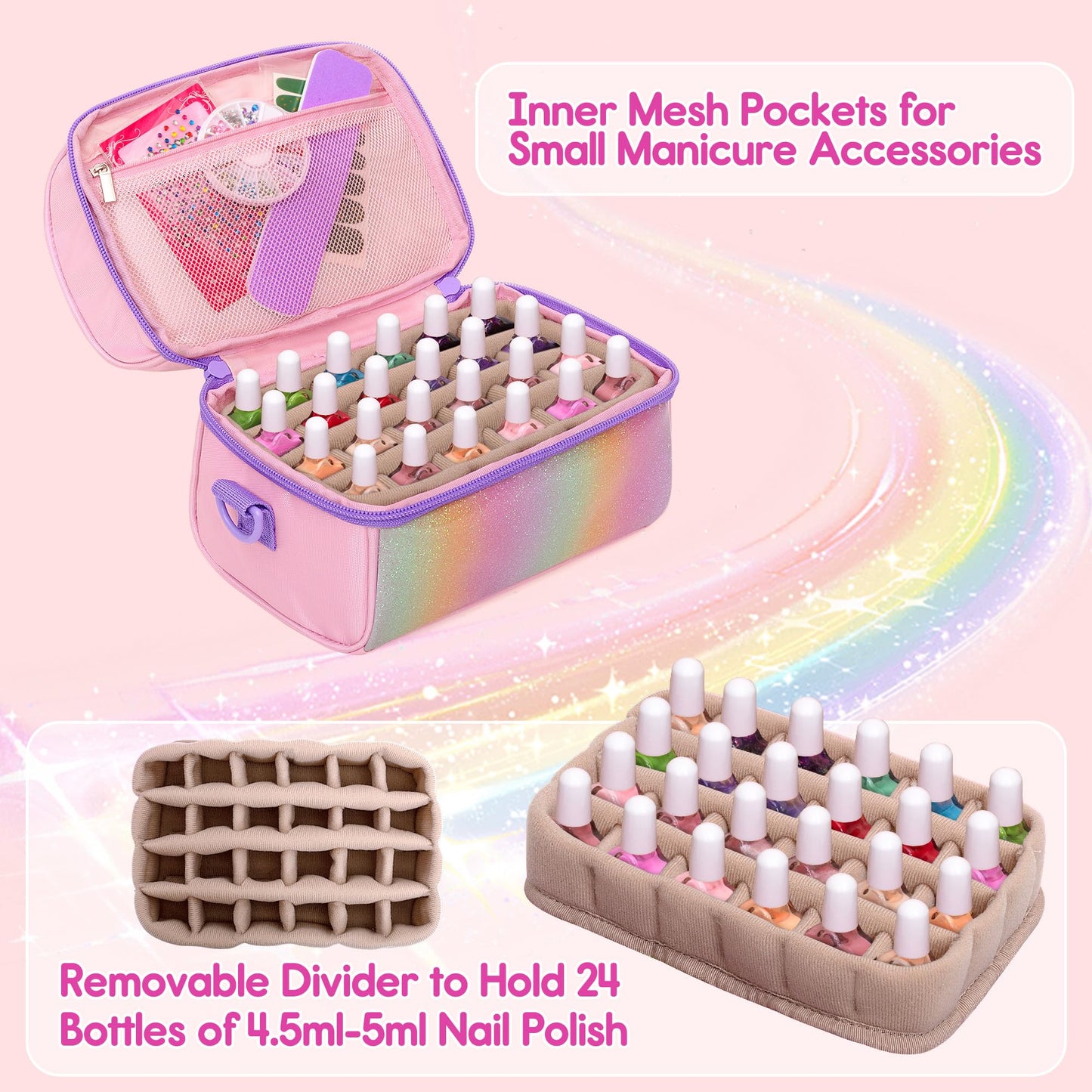 Kids Small Nail Polish Storage Holds 24 Bottles (0.15 fl oz - 0.17 fl oz), Double Layer Carrying Case for Nail Supplies, Rainbow Sequins Design, for Kids Girls Dress Up Play Travel, Pink, Case Only