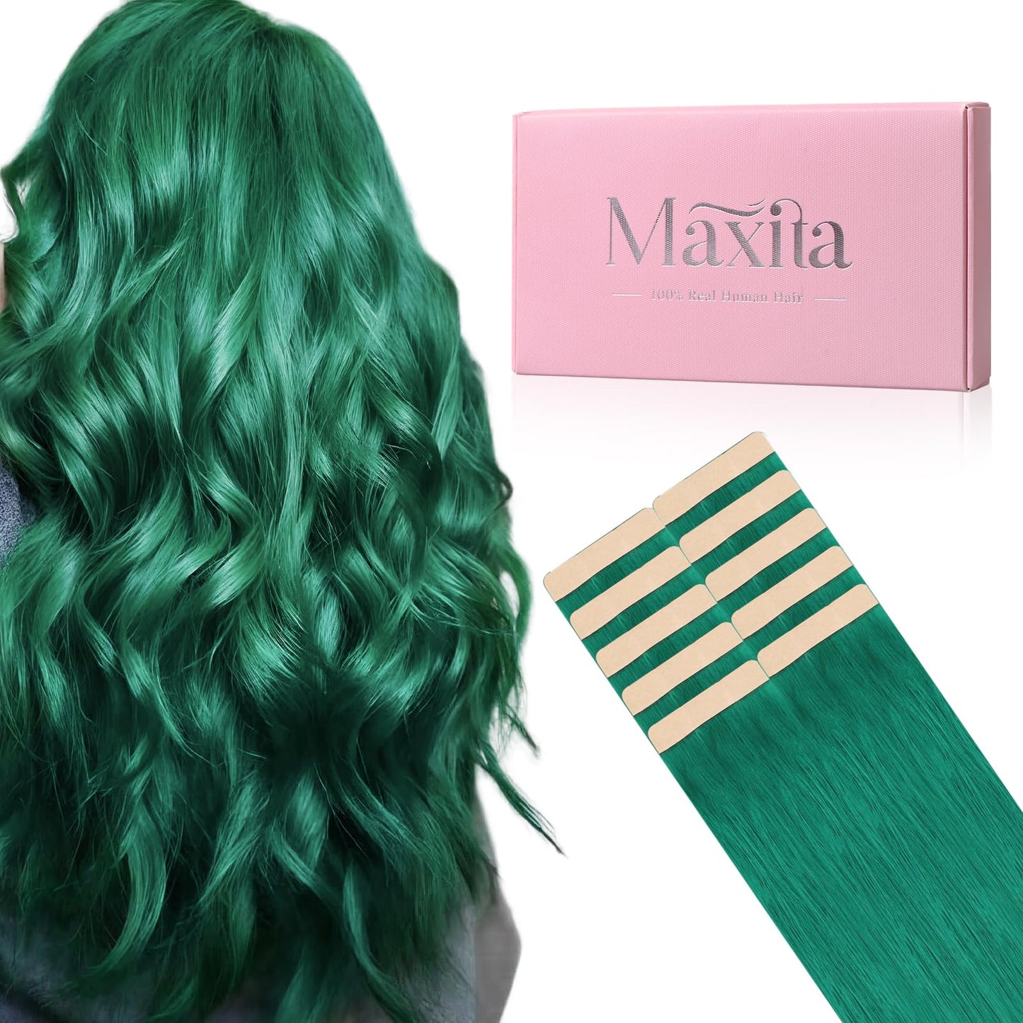 MAXITA Tape in Hair Extensions Human Hair Green Tape in Extensions 20 Inch 10pcs 30g Remy Invisible Silky Straight Colored Soft Real Human Hair