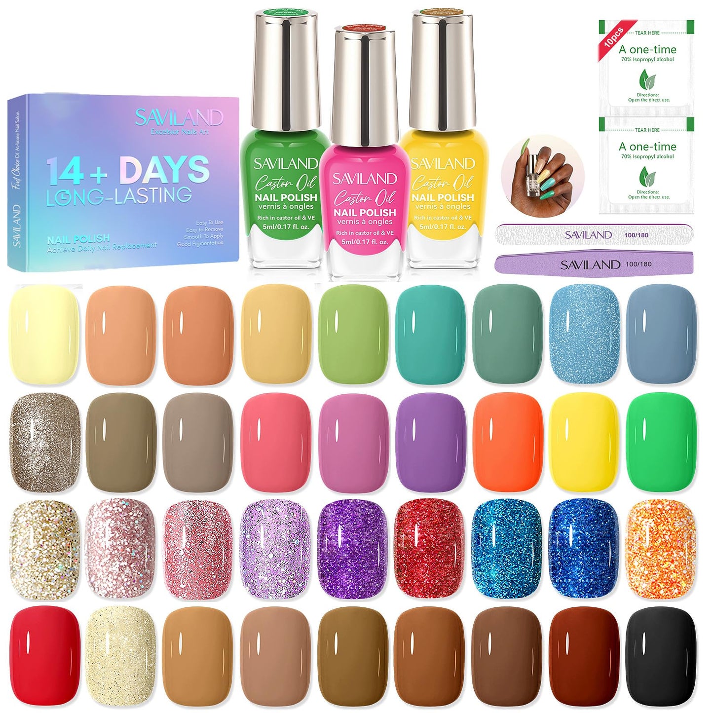 SAVILAND 36 Colors Nail Polish Set Quick Dry: Brown Black Glitter Locked X Tech Regular Pastel Nail Polish Kit Fingernail Polish with Top Base Polish Coat 39 Pcs Home Salon Travel Set