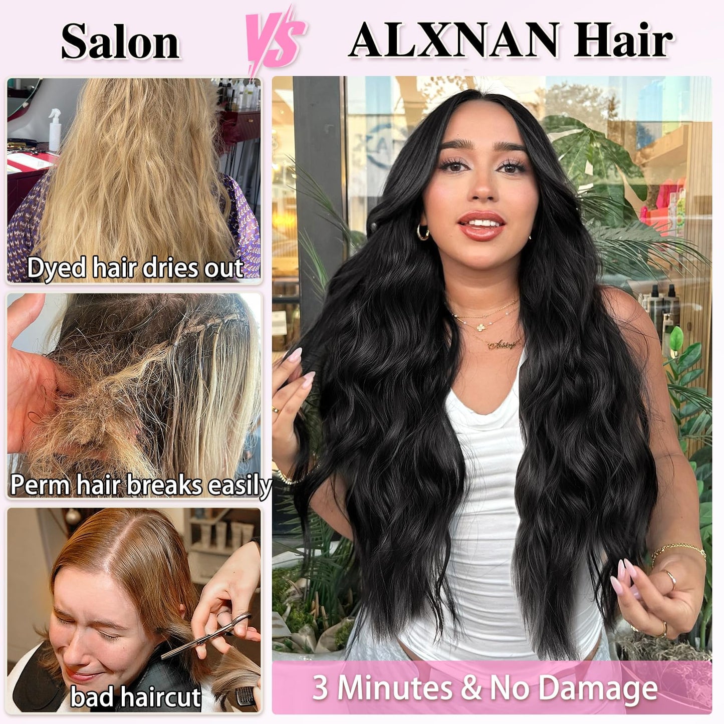 ALXNAN Clip in Long Wavy Synthetic Hair Extension 24 Inch Black 4PCS Thick Hairpieces Fiber Double Weft Hair for Women