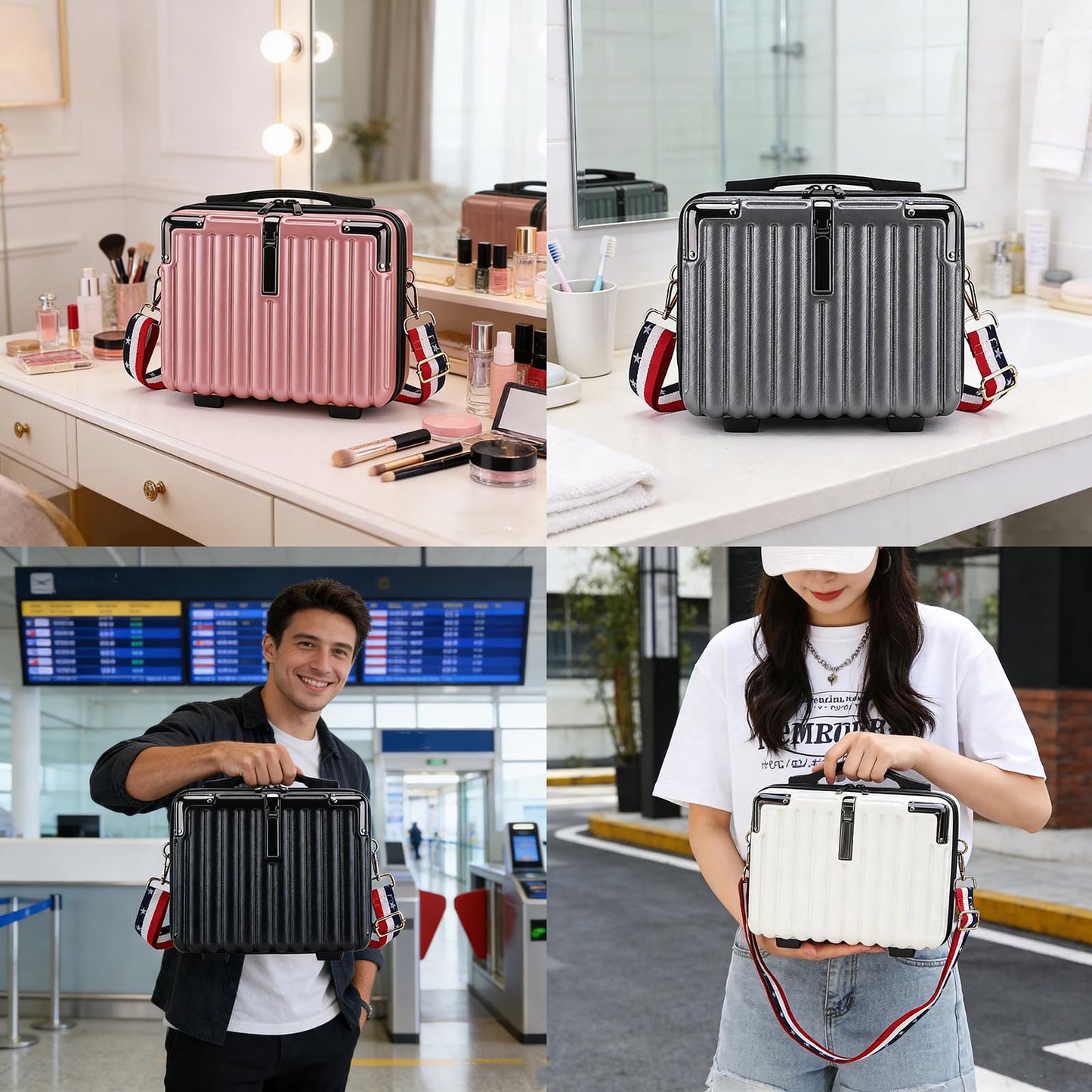 Duleylv Mini Suitcase Hard Shell Makeup Case Stress-Resistant ABS Hard Makeup Travel Case Portable Hand Luggage with Shoulder Strap for Travel Camping Home Organizer Black