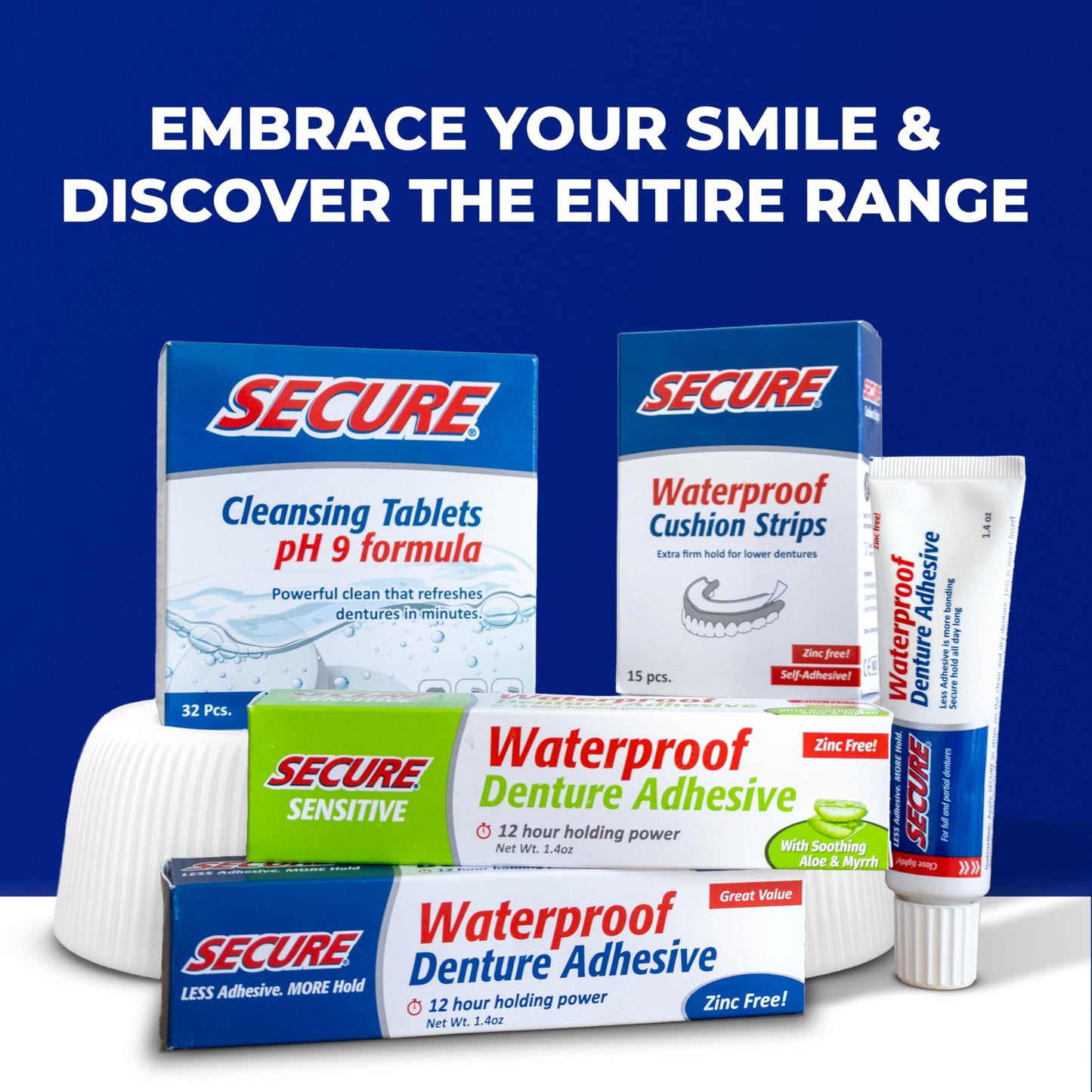 Secure Daily Cleansing Tablets - pH 9 Formula Thoroughly Cleans Dentures - Fights Odors, Stains & Germs - For Dentures, Nightguards, Retainers & Partials - 32 Tablets (4 Pack)