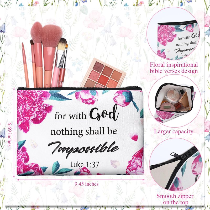 Qeeenar 24 Pcs Christian Makeup Bags Mother's Day Cosmetic Bags Inspirational Bible Verse Toiletry Pouch Canvas Motivational Pouch with Zipper for Women Organize Cosmetics Stationery Supply(Floral)